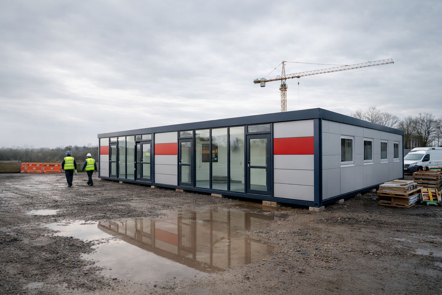 ISO frame temporary modular offices on a UK construction site in Manchester with workers in high-visibility vests and a tower crane in the background