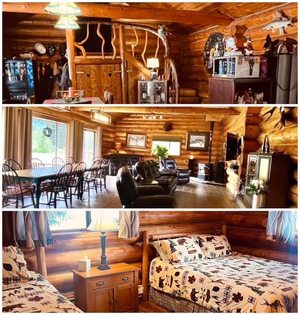 Inside the lodge: the kitchen, the living room and a bedroom