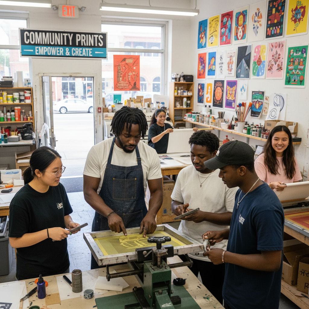 Diverse youth and mentor in community print shop