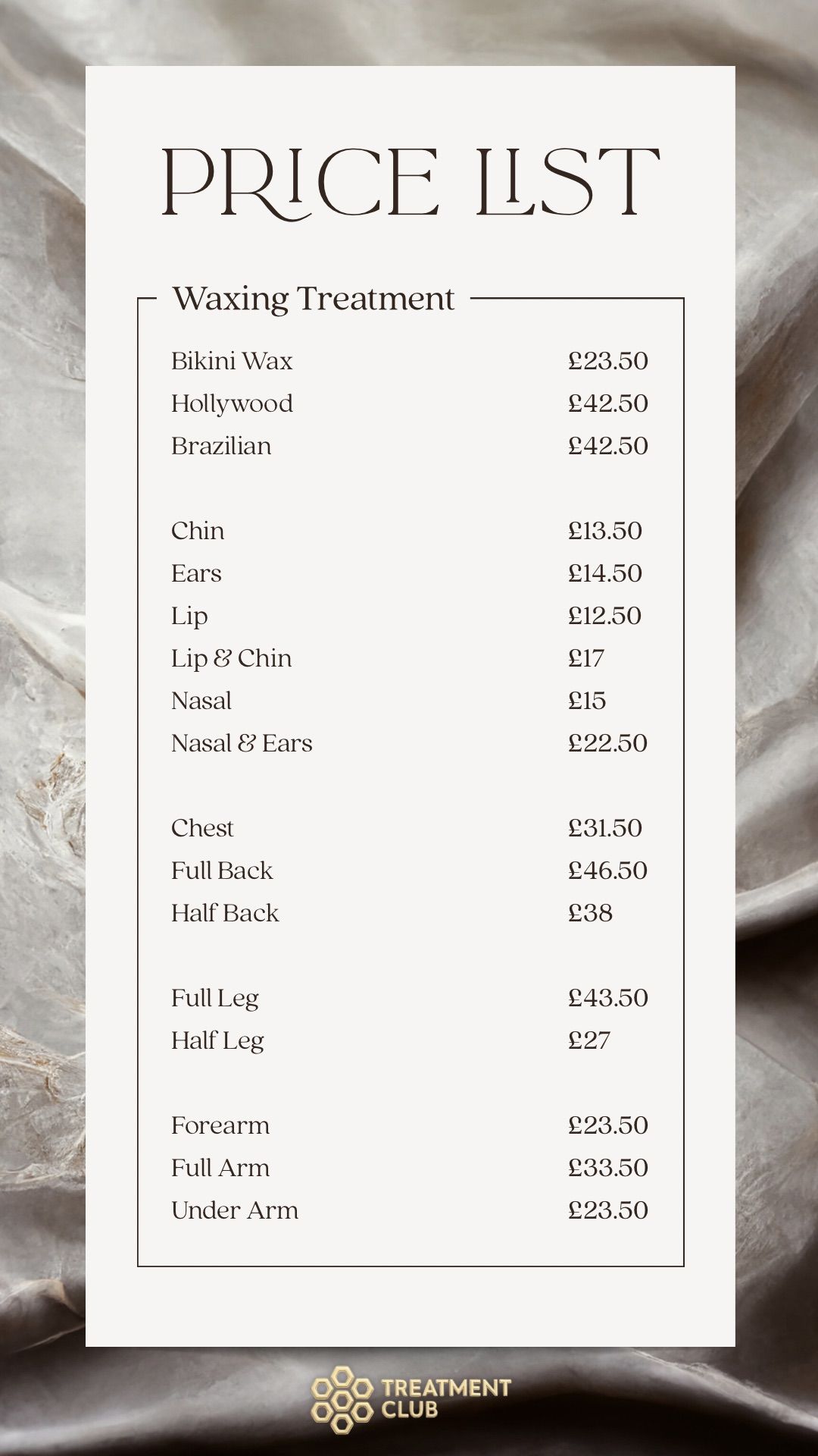 The Treatment Club waxing price list