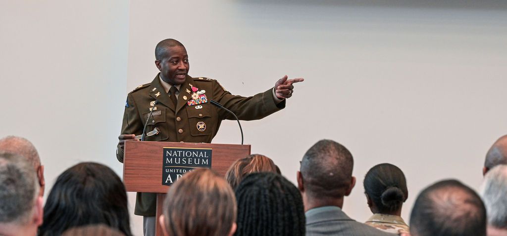 Military speaker at National Museum podium