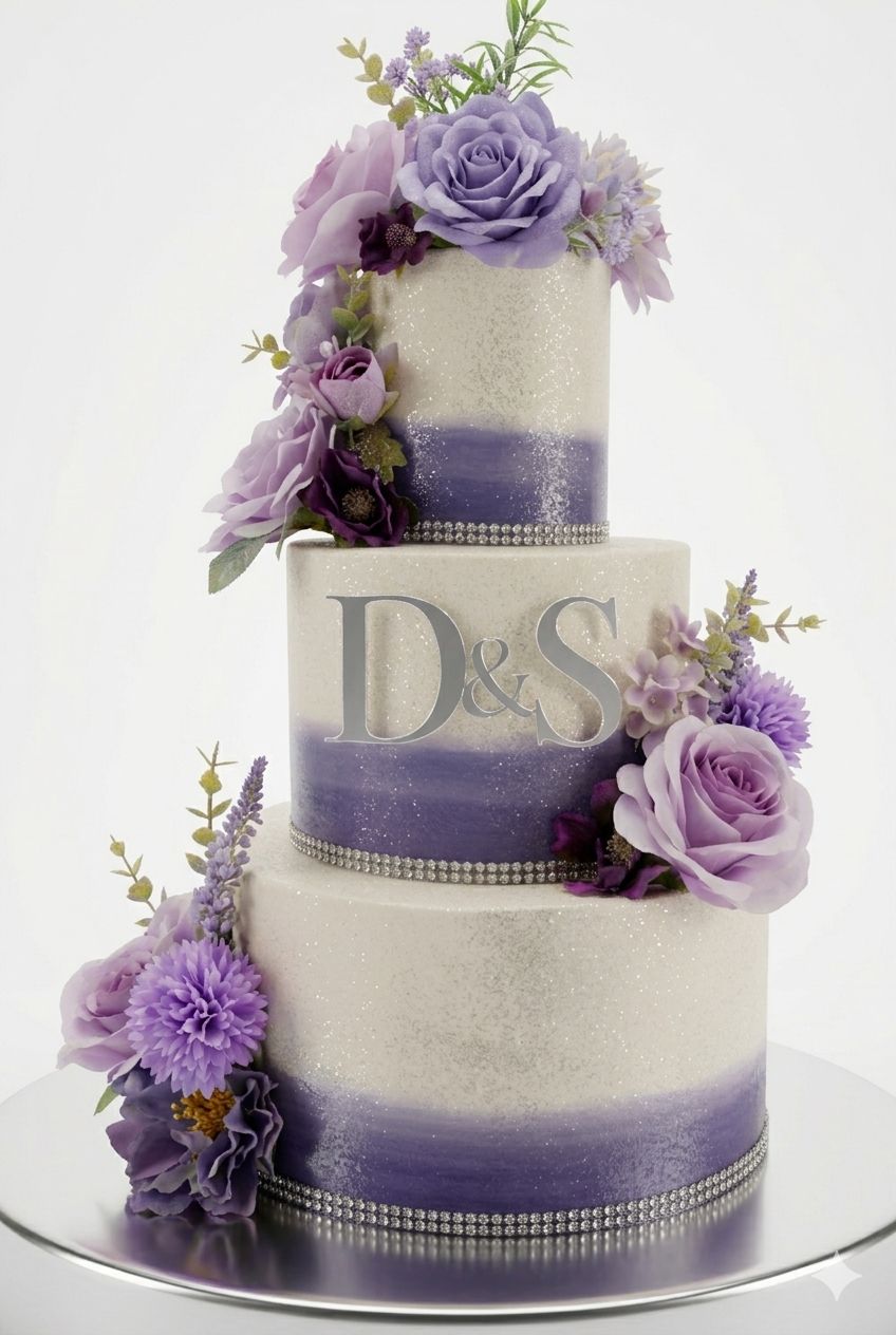 Three-tier wedding cake with purple and ivory gradient, personalized initials, purple roses and florals