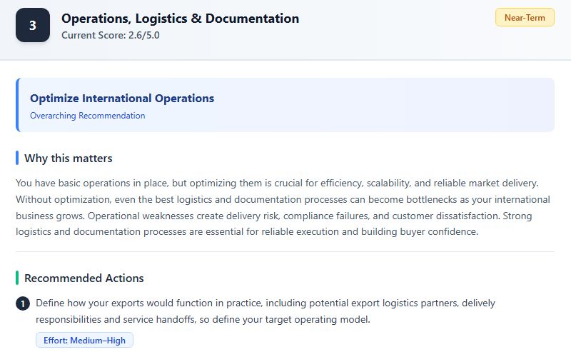 ExportReady sample recommendation with effort level, rationale, and linked resources