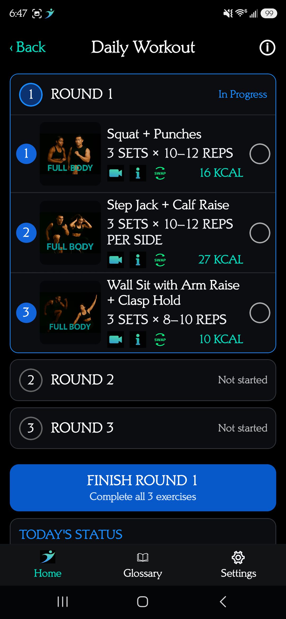 Daily workout rounds with tap checkoffs