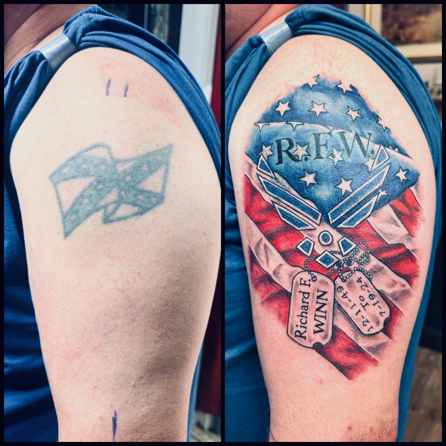 Cover-up tattoo by Justin - American flag memorial cover-up with dog tags