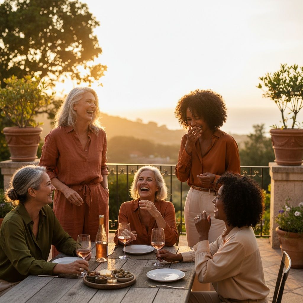 Women 50+ enjoying a luxury villa gathering at sunset