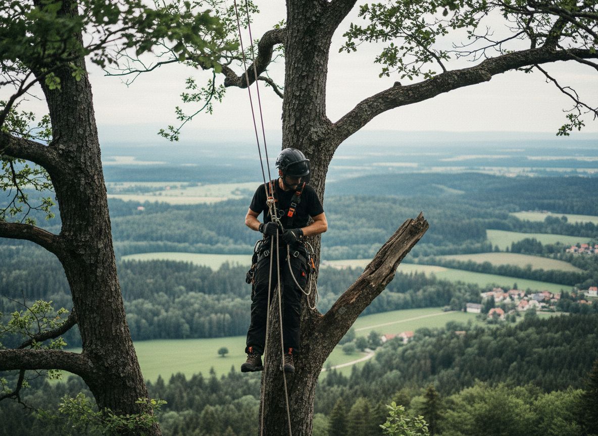 Arborist z vrvno tehniko na drevesu