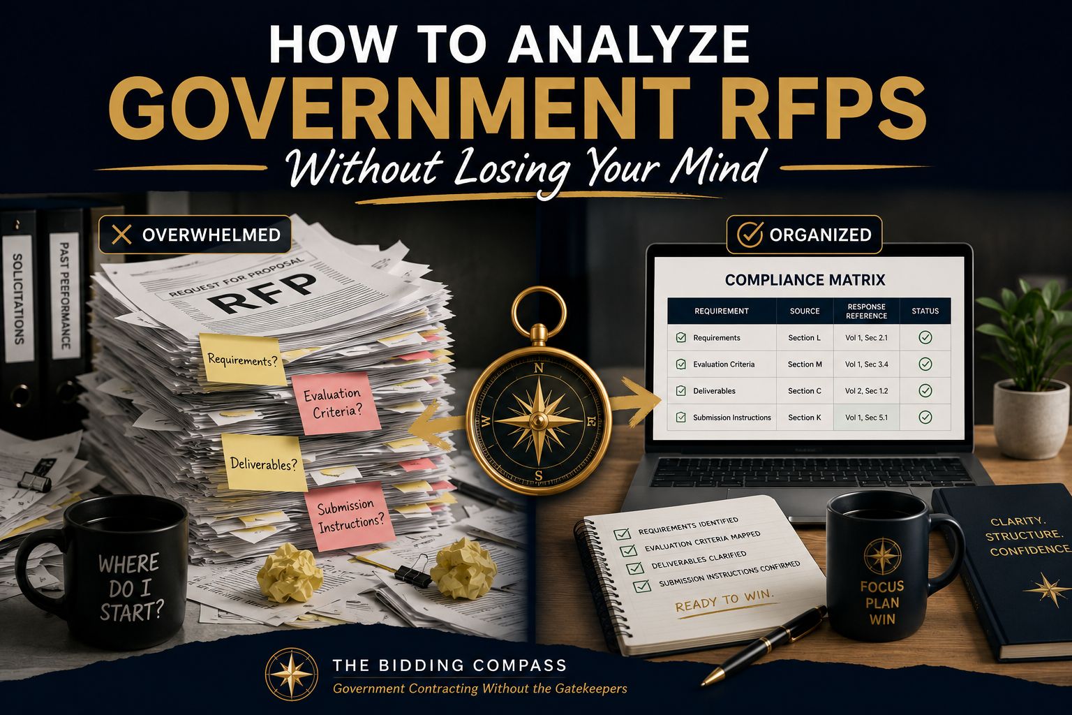 How to analyze government RFPs — cluttered desk versus organized workspace with compliance matrix