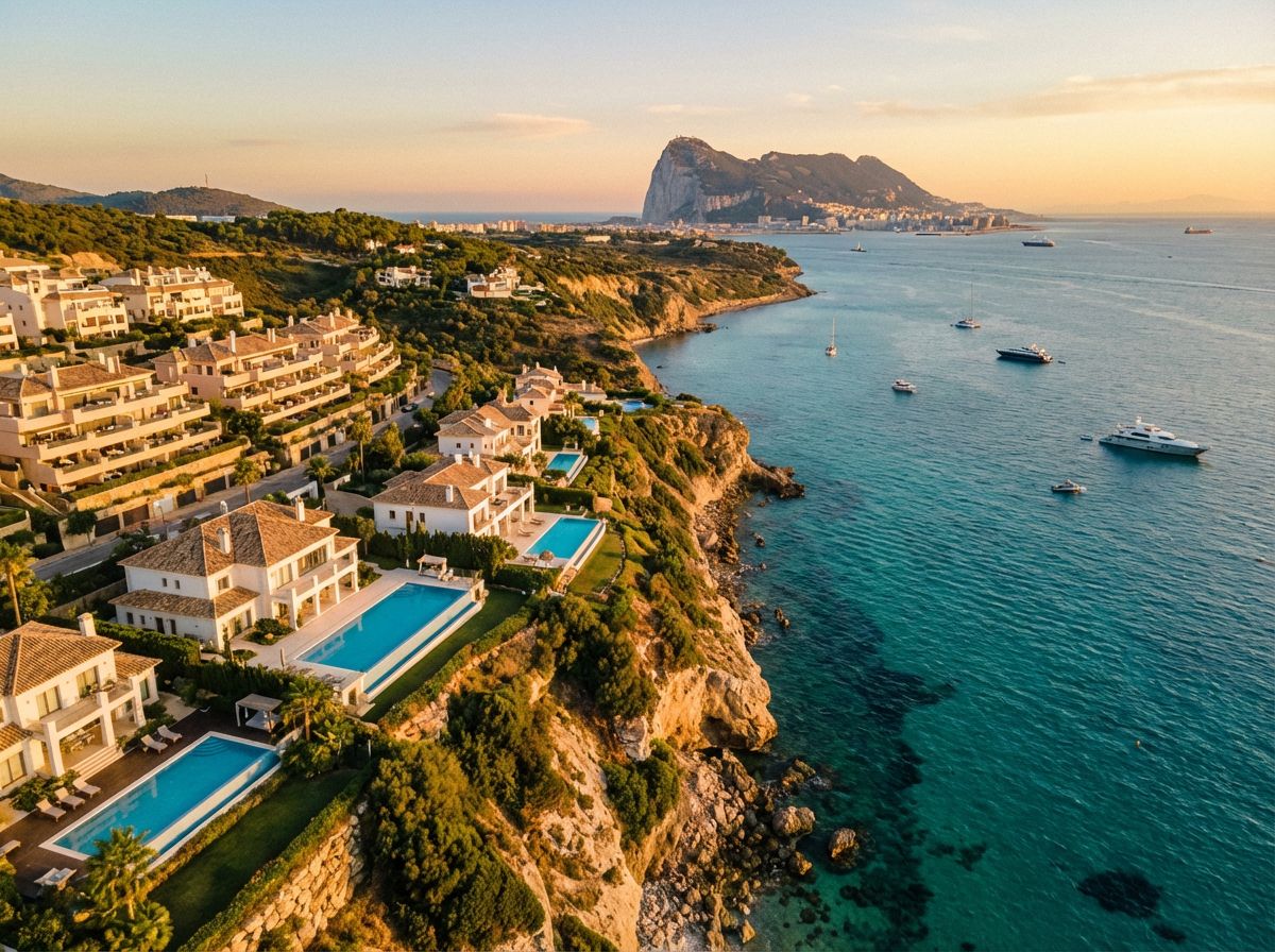Luxury coastal villas overlooking the Mediterranean at sunset with the Rock of Gibraltar