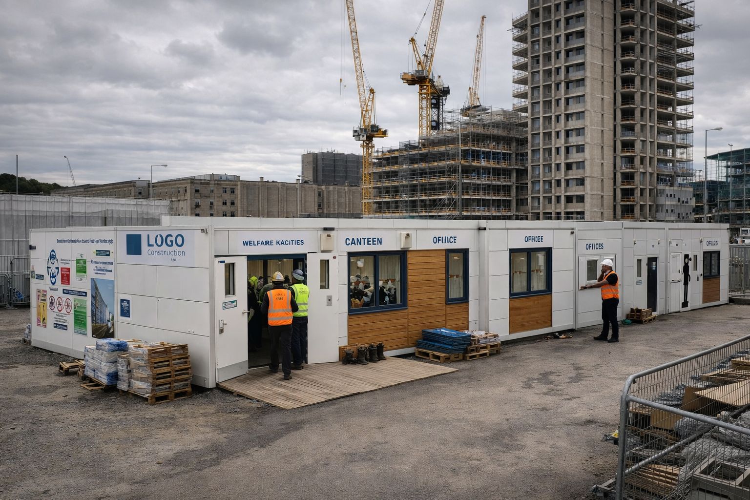 Modular welfare facilities and site offices on a UK construction site with tower cranes in the background