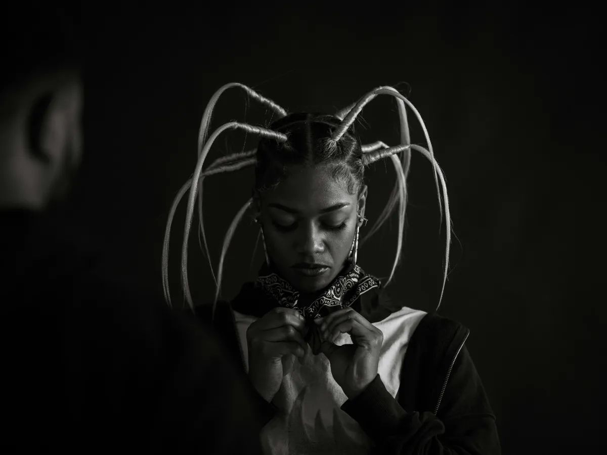 Black and white fashion portrait with braids