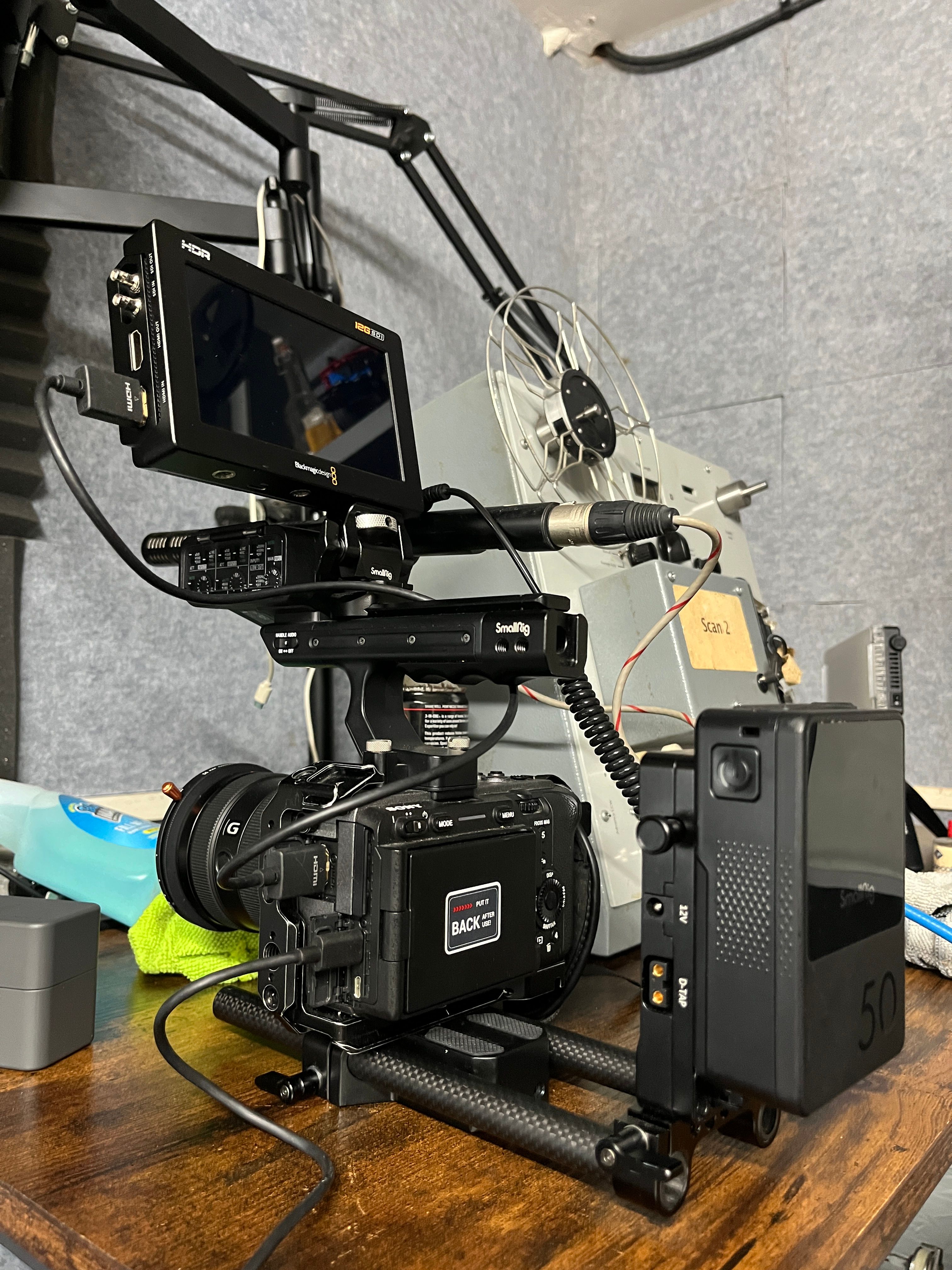 Professional cinema camera rig with Blackmagic monitor used for video production