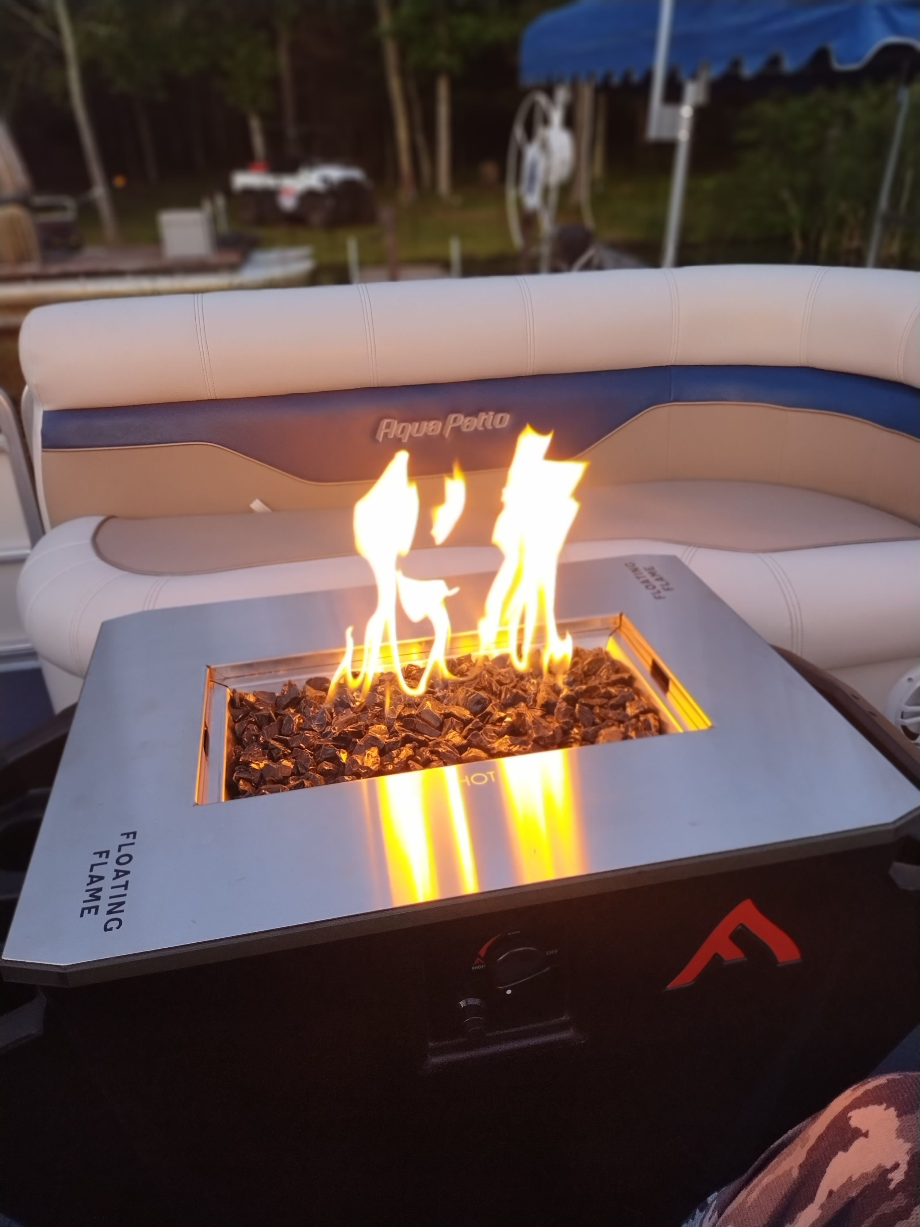 Floating Flame fire pit on the pontoon