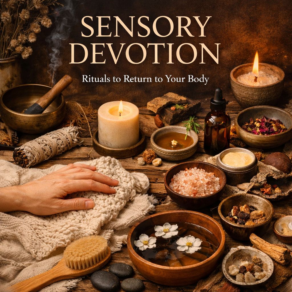 Ritualistic items with candles, herbs, dried flowers, and essential oils