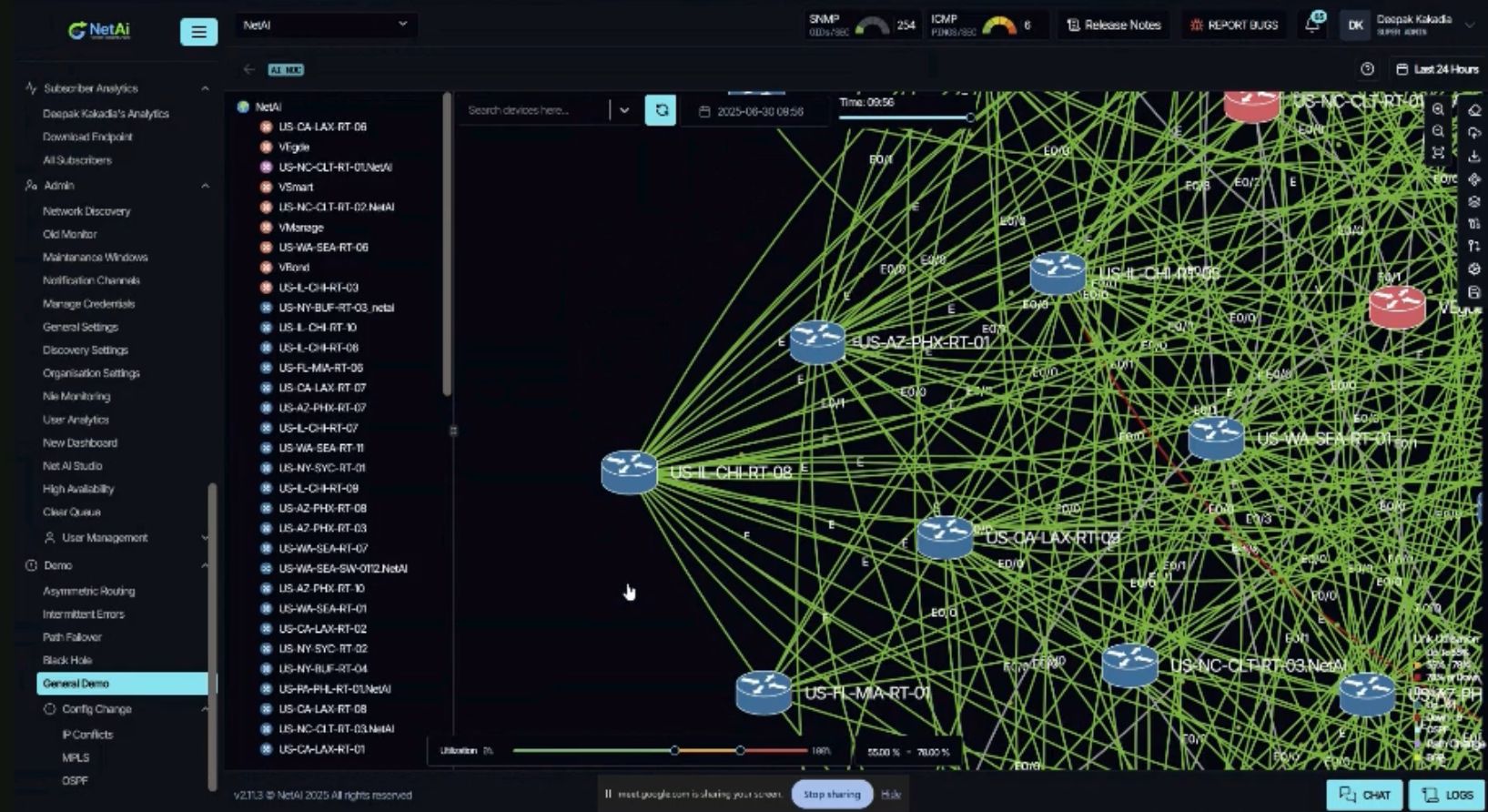 NetAI Topology Discovery - live 2D network graph rendered on geographic map with device nodes and links