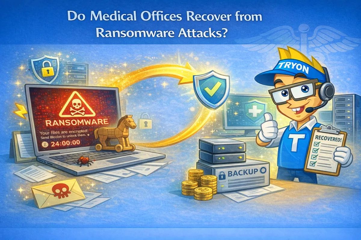 Infographic showing how a medical office recovers from a ransomware attack using tested backups