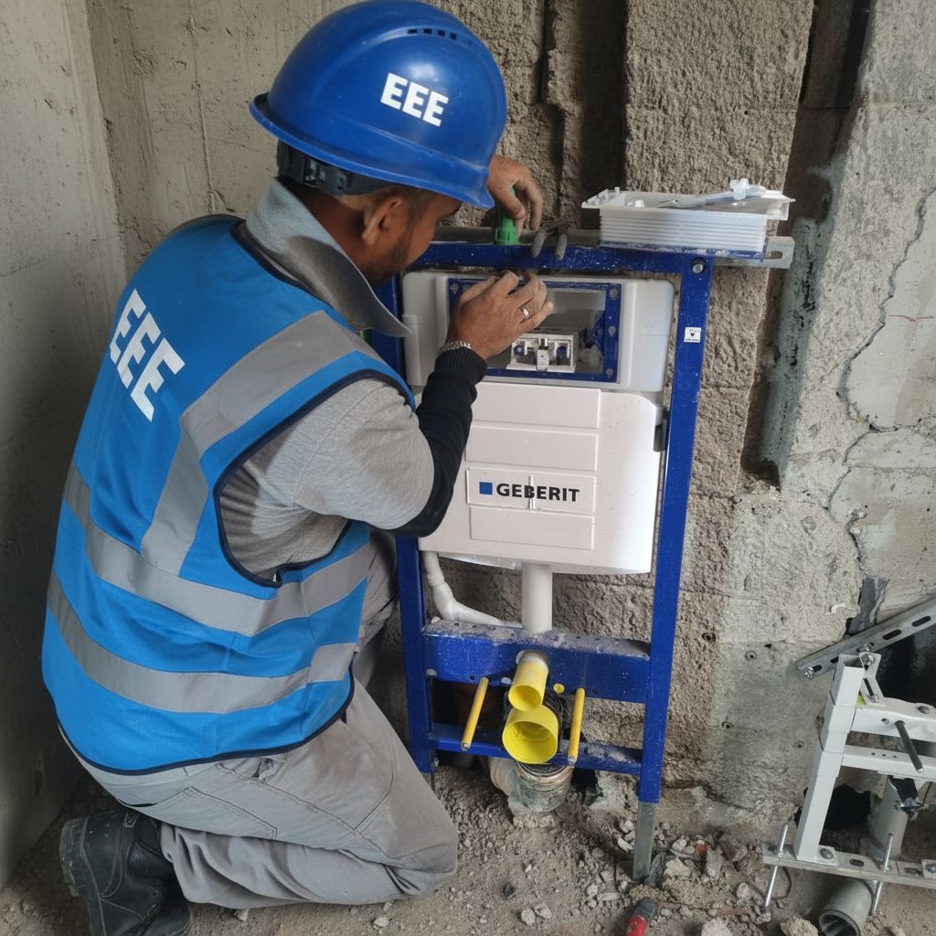 ELCO worker with EEE helmet and vest installing Geberit plumbing fixture