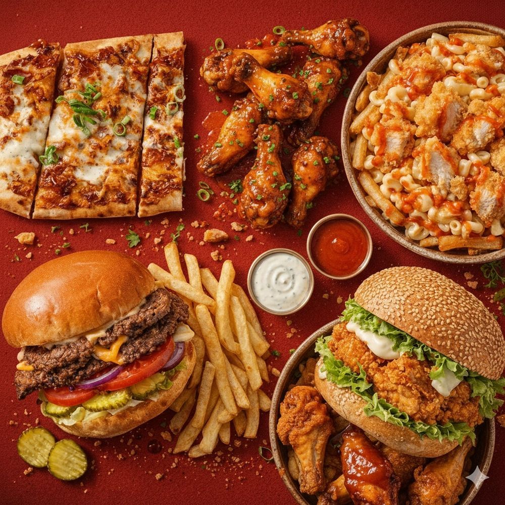 Wing Zing catering spread with wings, burgers, and sides