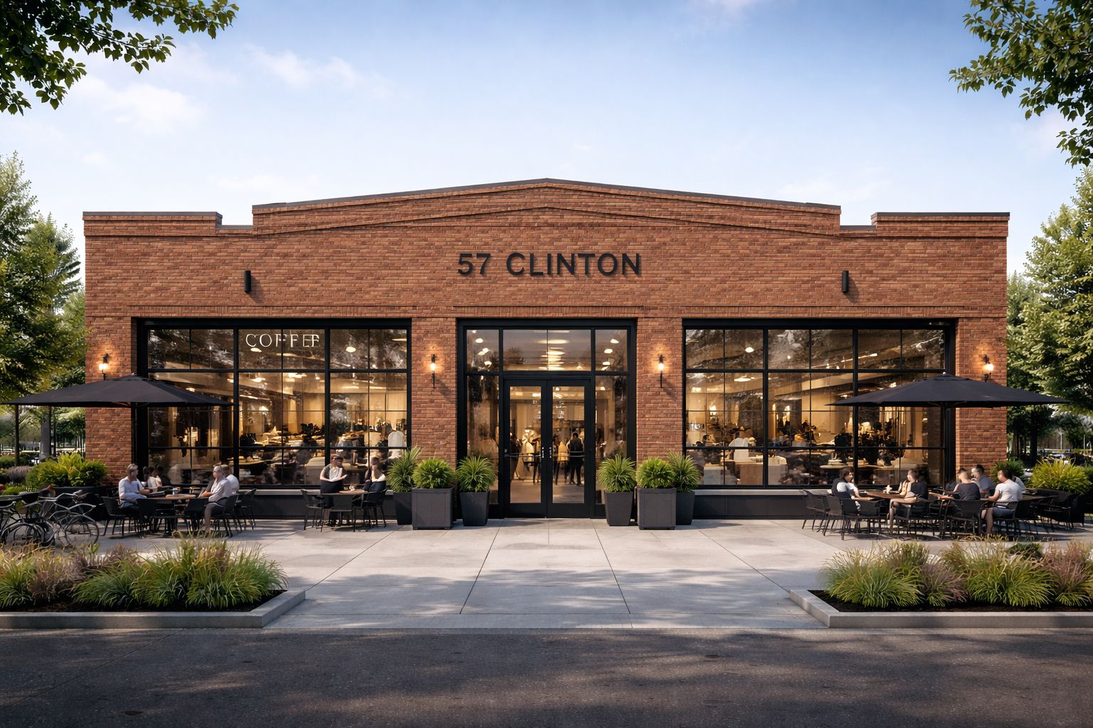 57 Clinton render — brick building with glass storefront, outdoor seating, and landscaping