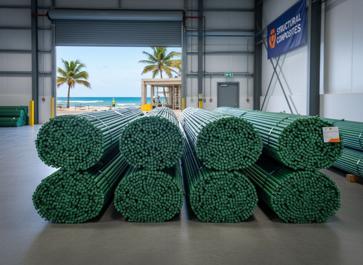 GFRP rebar bundles in a coastal warehouse