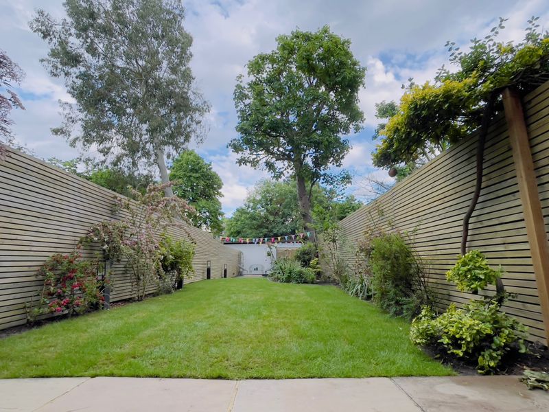 Modern garden design and landscaping project in Greenwich SE10 — premium outdoor space with porcelain paving and structured planting by Wicked Gardens LTD