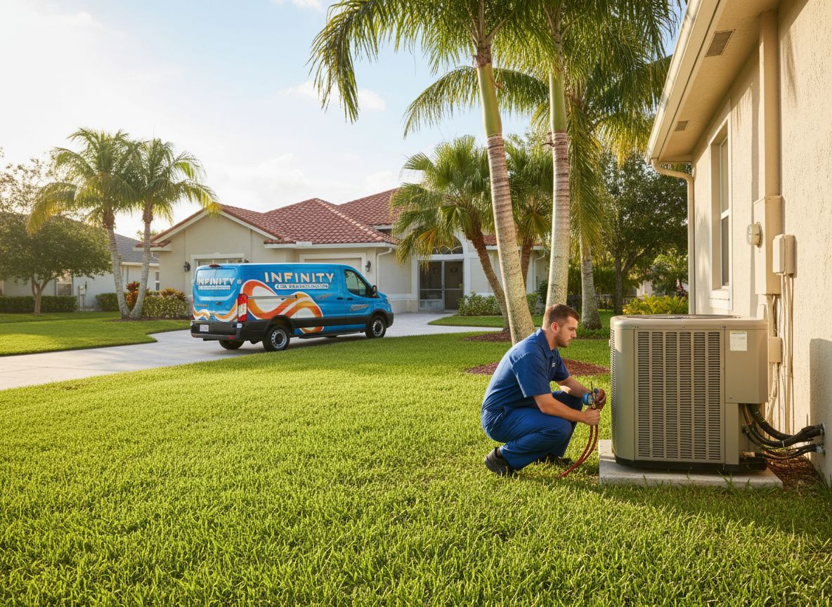 Infinity Air Conditioning technician servicing an AC unit with the branded Infinity van parked in a Florida driveway