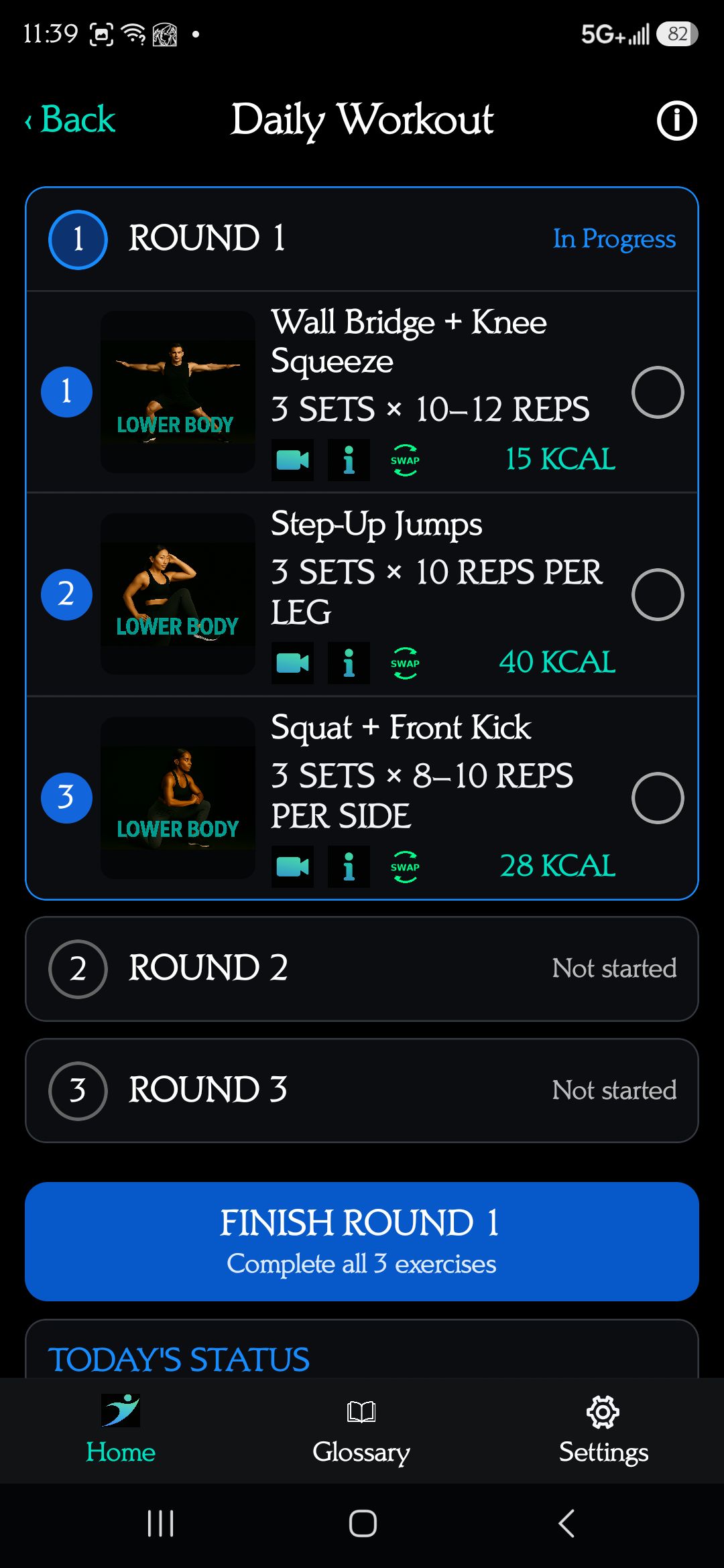 Daily workout rounds β exercises with sets, reps, and calories