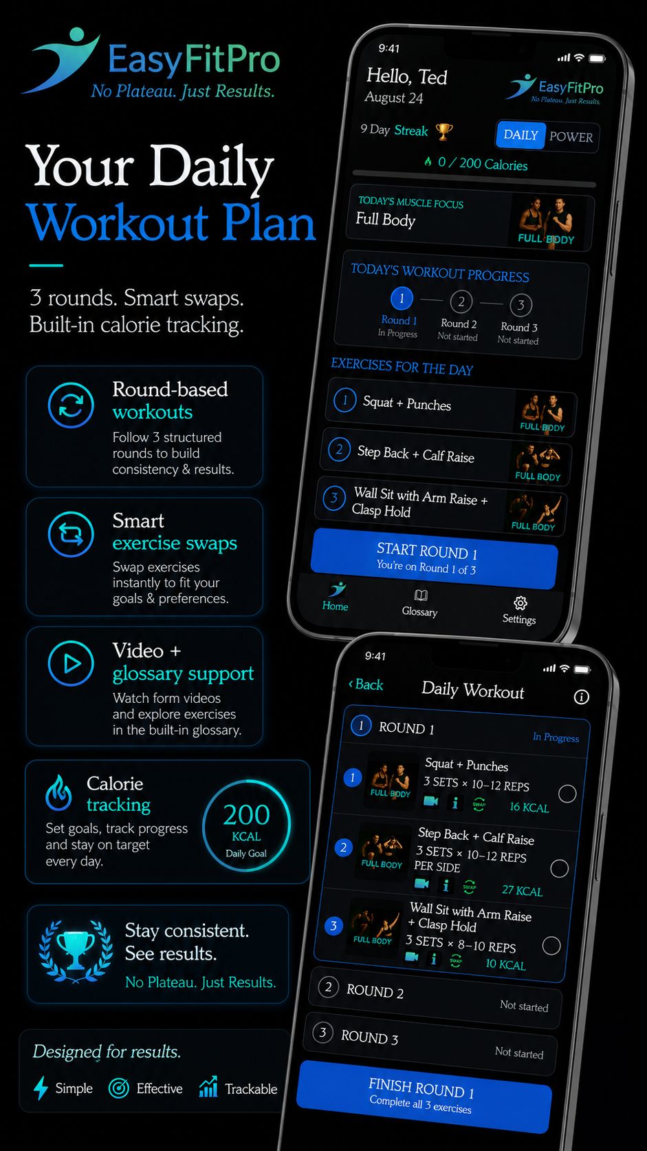Daily workout plan with rounds and calorie tracking