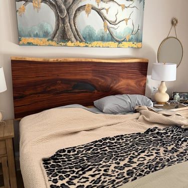 Custom live edge headboard in bedroom handcrafted by Bark and Brushes Mandeville Louisiana