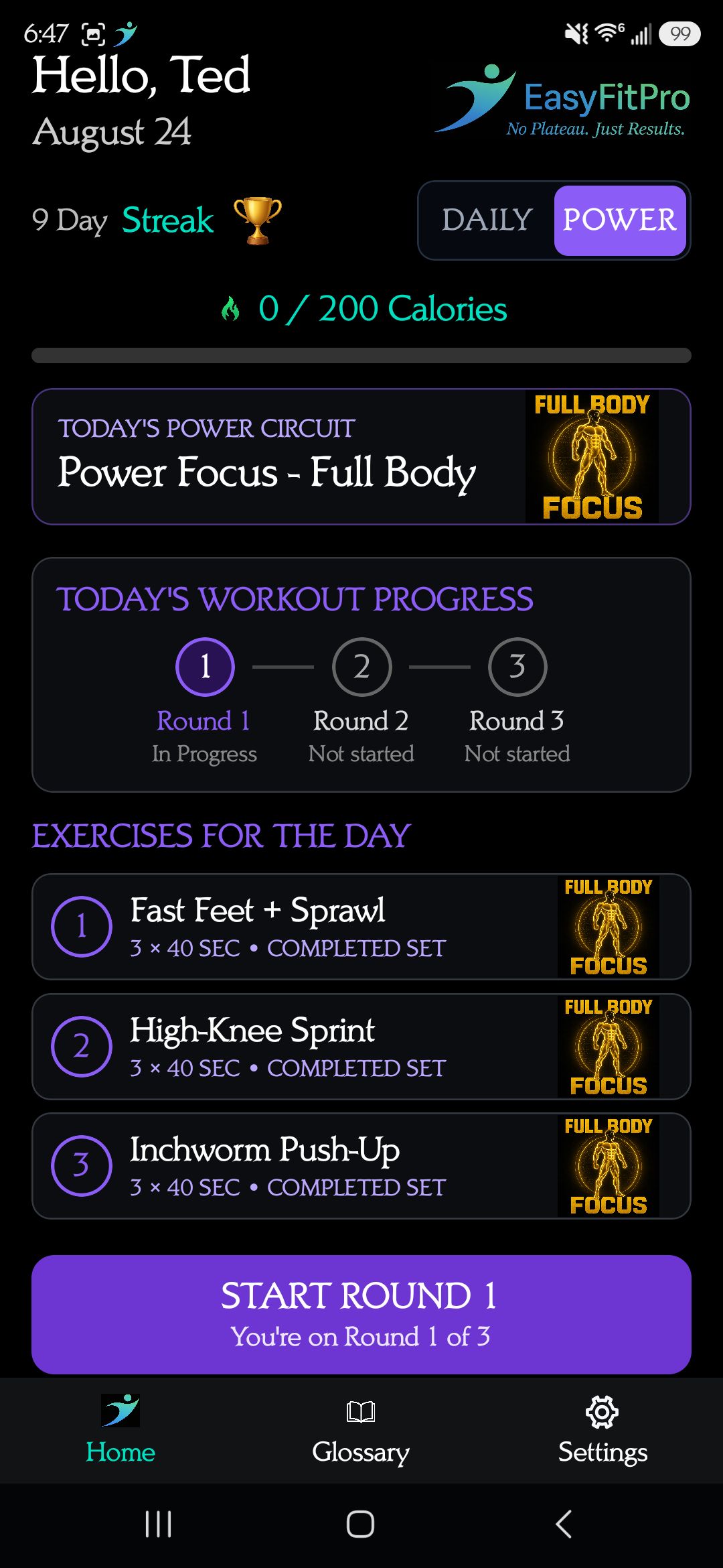 Power Workout home screen β HIIT circuit with rounds