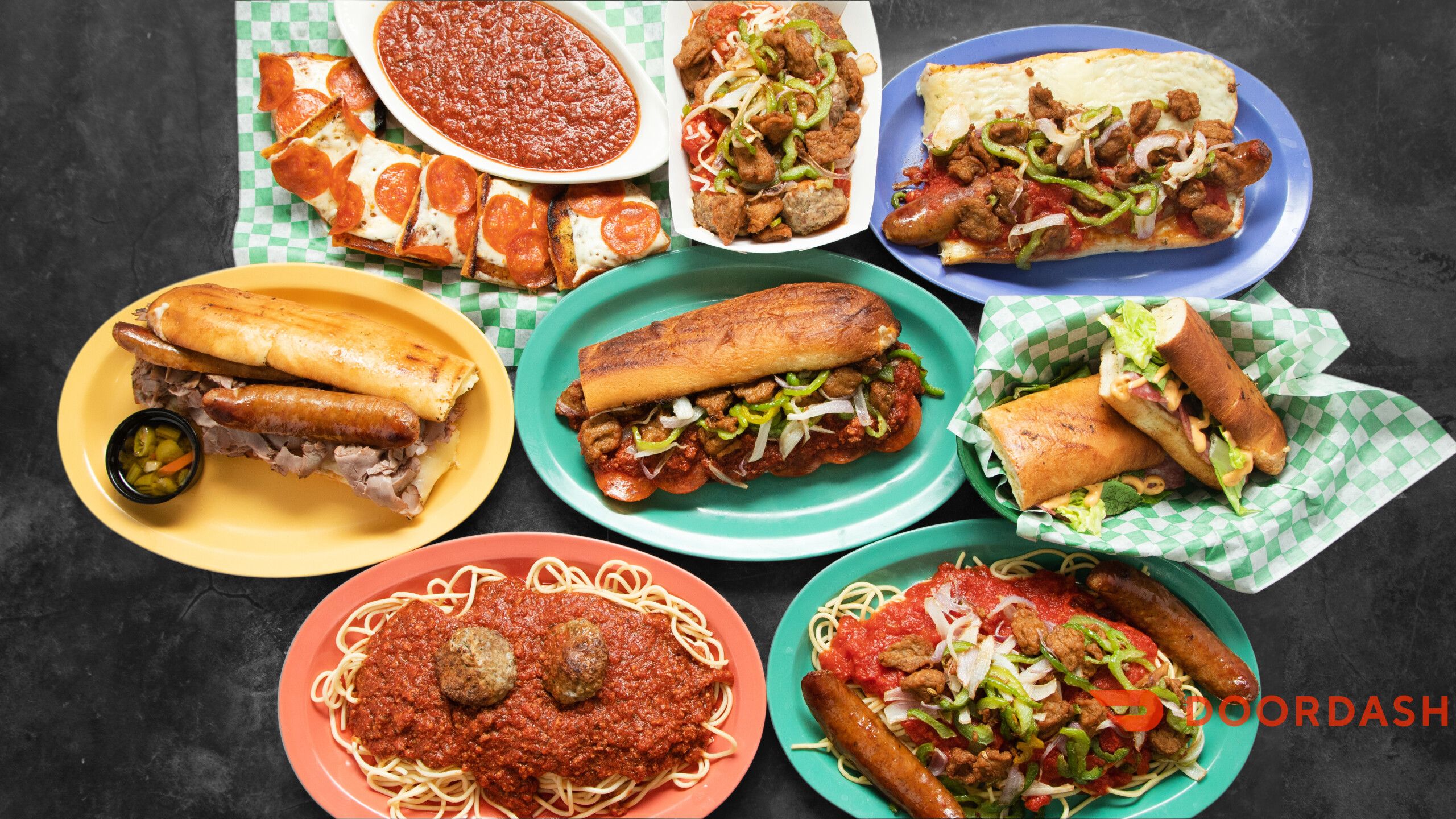 Italian comfort food spread - spaghetti, pizza, sandwiches