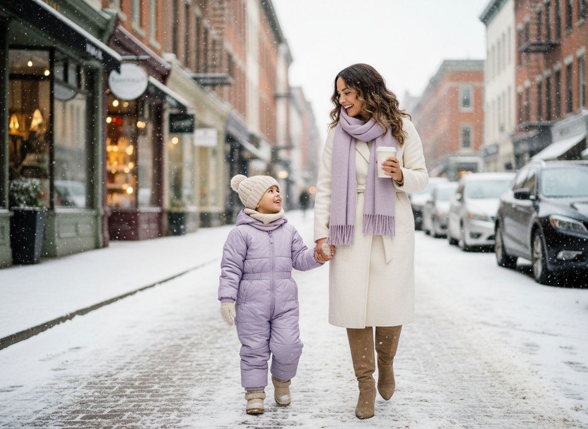 Woman walking down a winter street holding her child's hand and a coffee, laughing together.