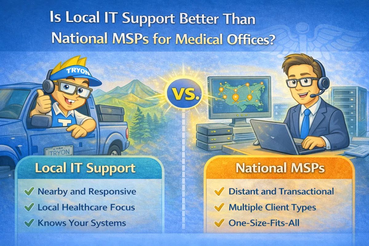 Infographic comparing local IT support with national managed service providers for medical offices