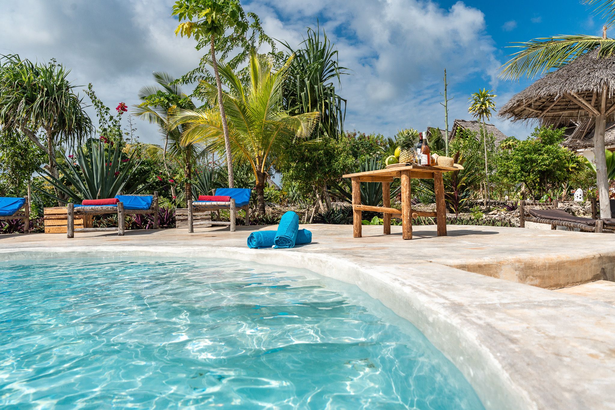 Hotel pool area with lounge chairs, tropical fruits and ocean view β professional hotel photography