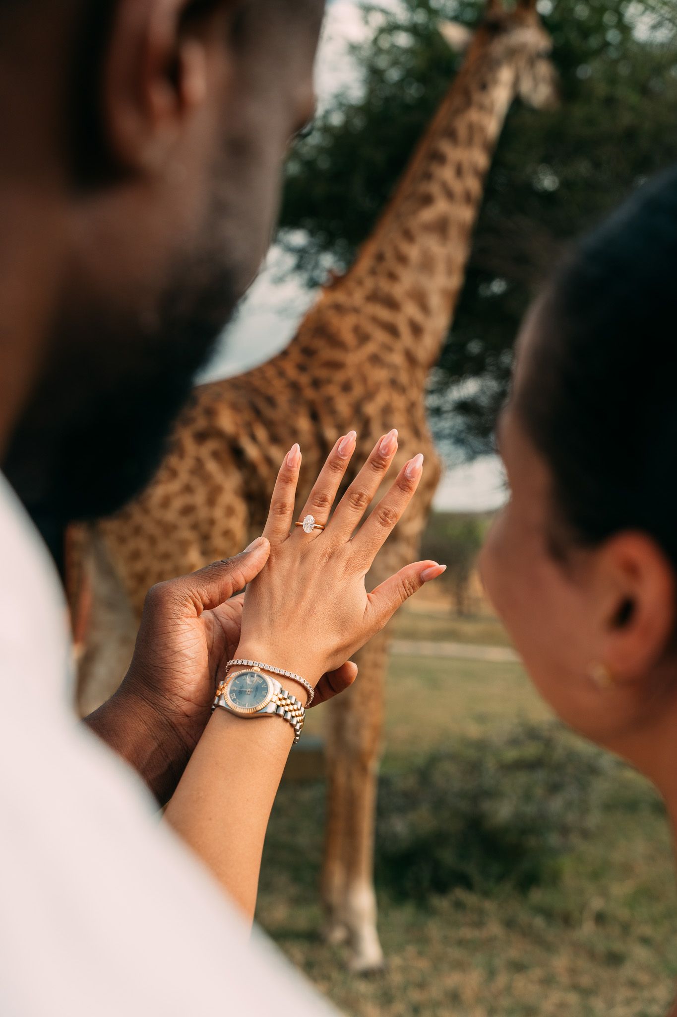 Close-up of engagement ring with giraffe in background — Serval Wildlife Park Zanzibar