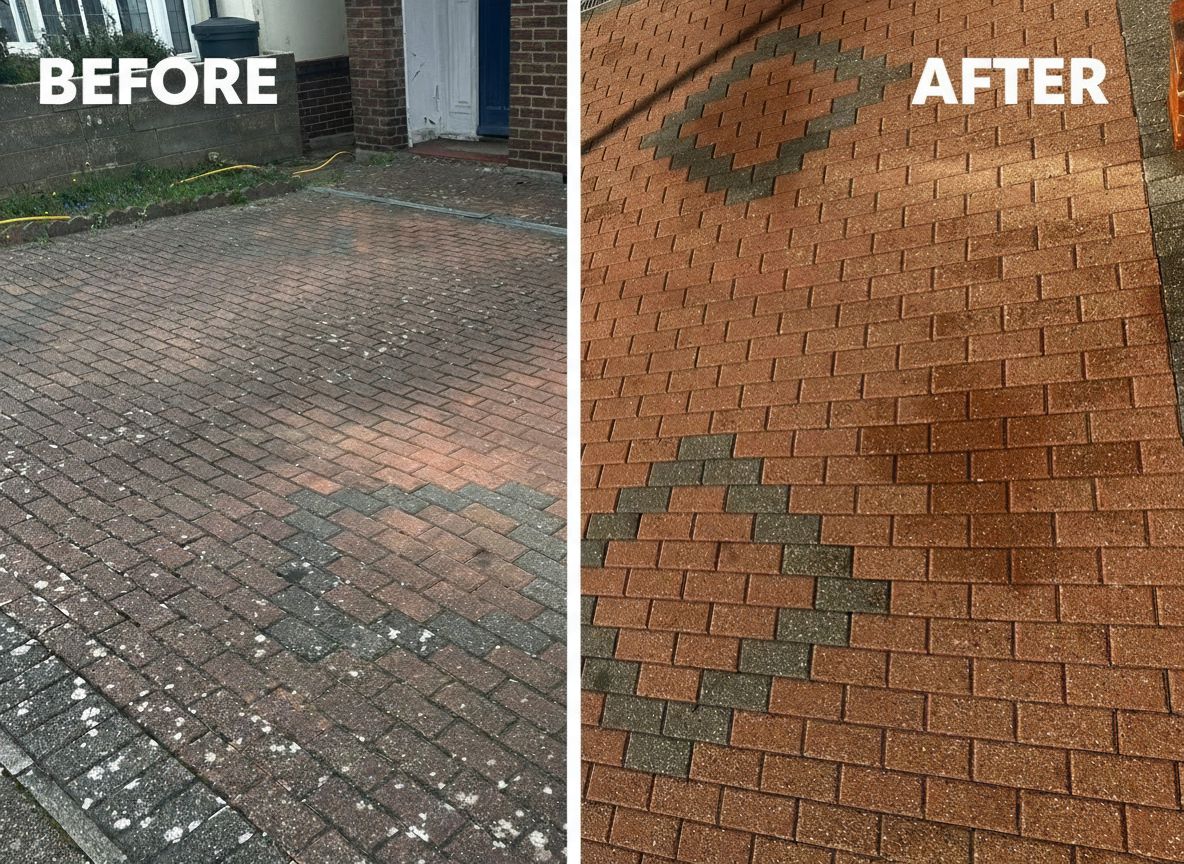 Before and after driveway cleaning showing dramatic improvement
