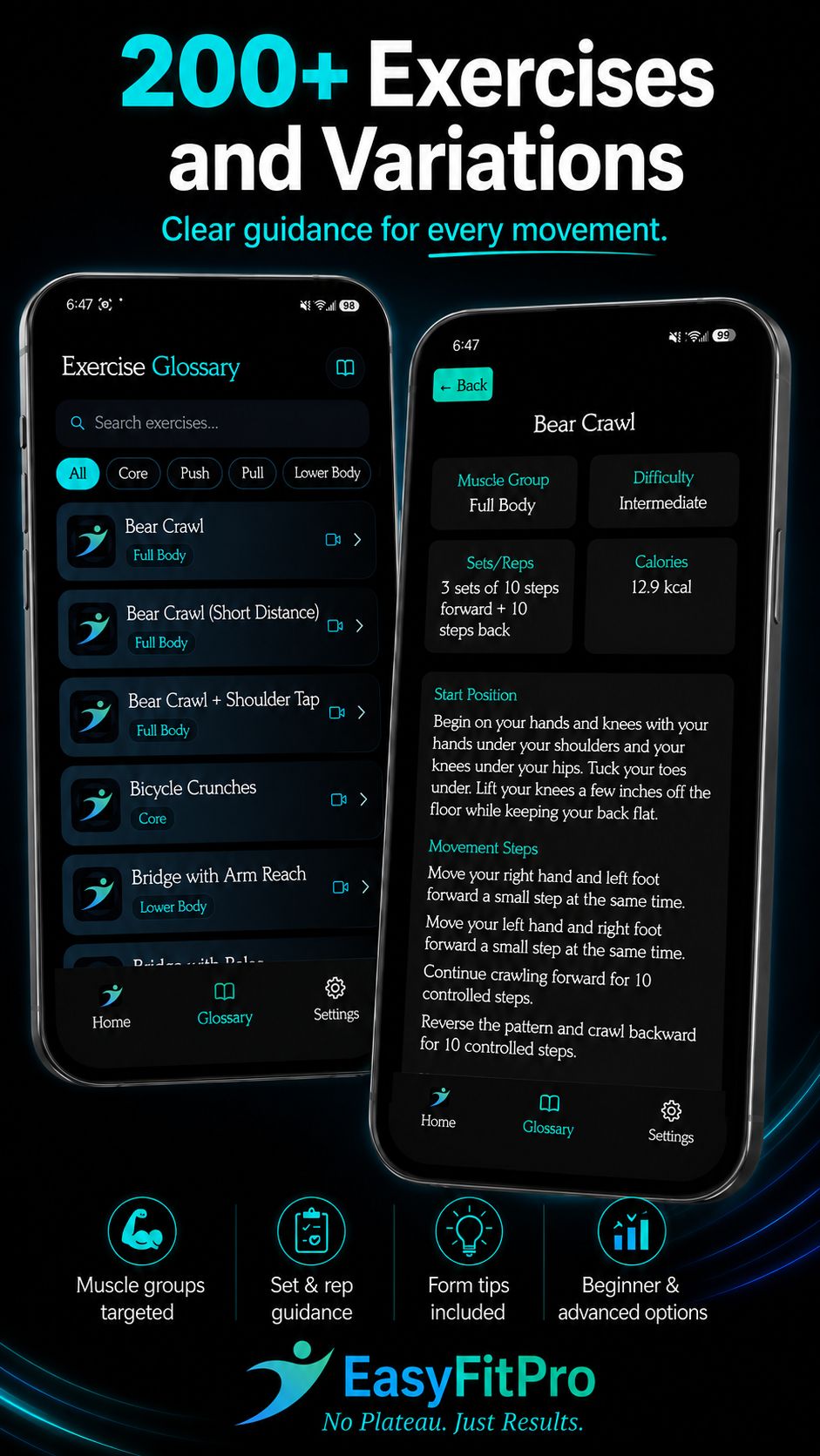 200+ exercises with muscle group categories and detailed instructions