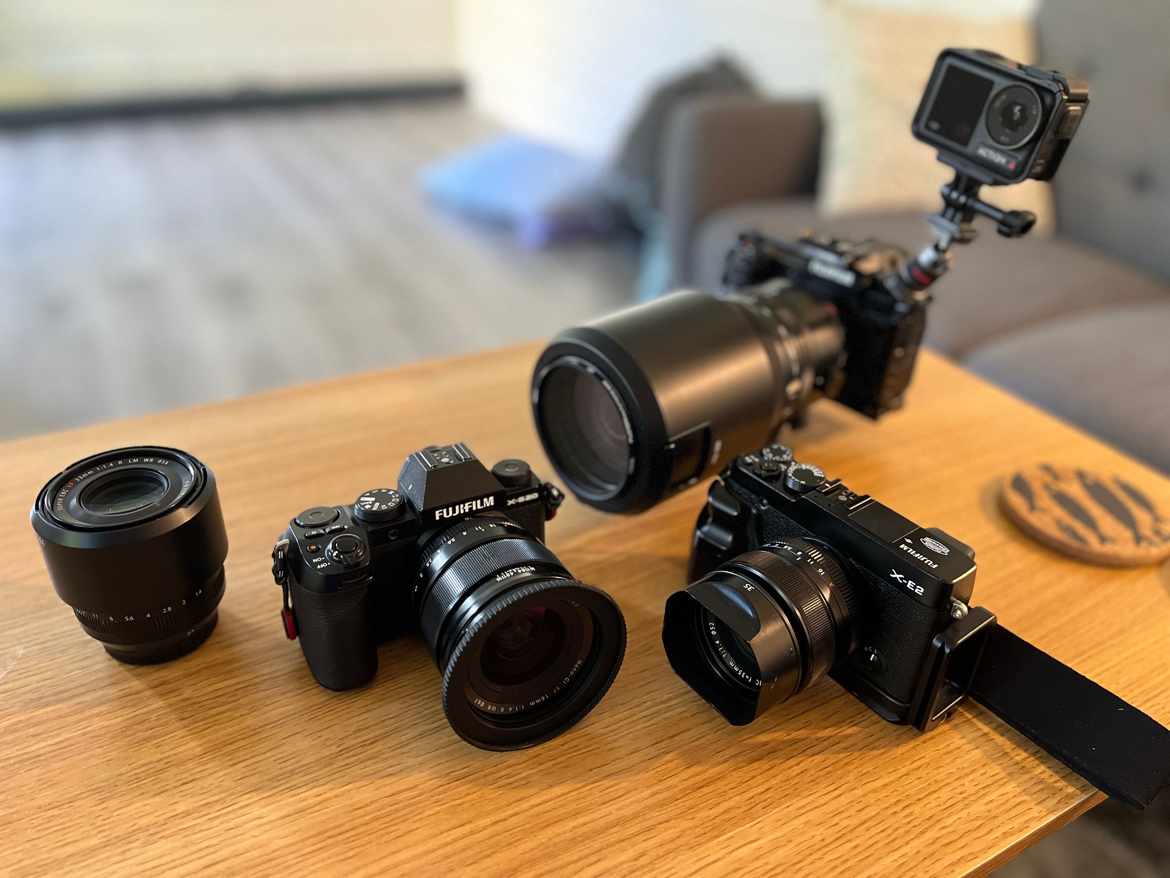 Professional camera equipment lineup for video production