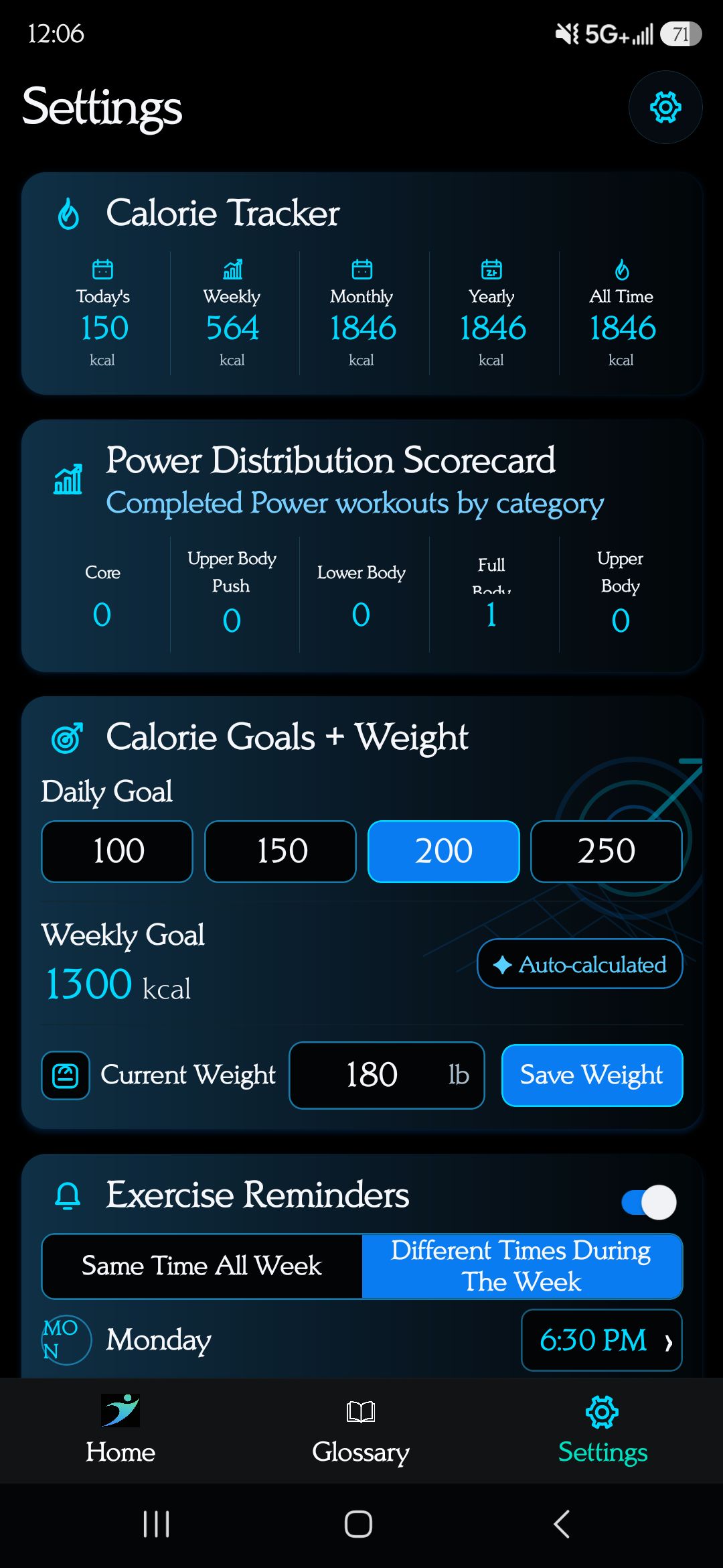 Settings β calorie tracker, power scorecard, goals, and reminders