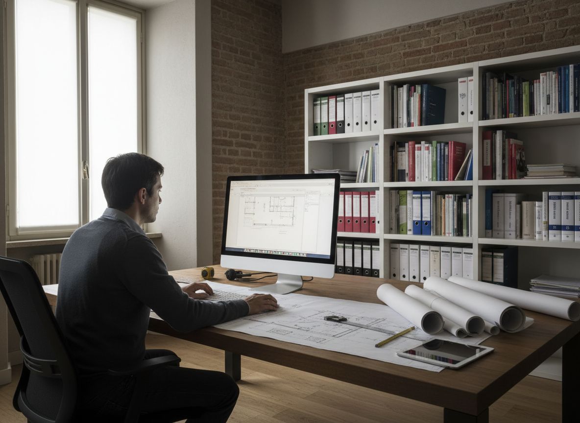 Tecnico in studio a Bologna che prepara documentazione SCIA per pratica edilizia – progetto architettonico su monitor