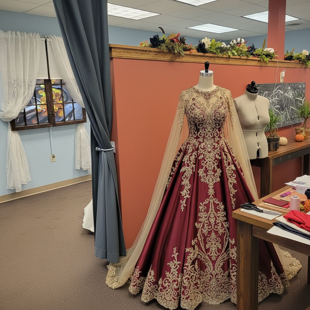Ornate maroon bridal gown with gold embroidery and sheer sleeves on mannequin in the studio