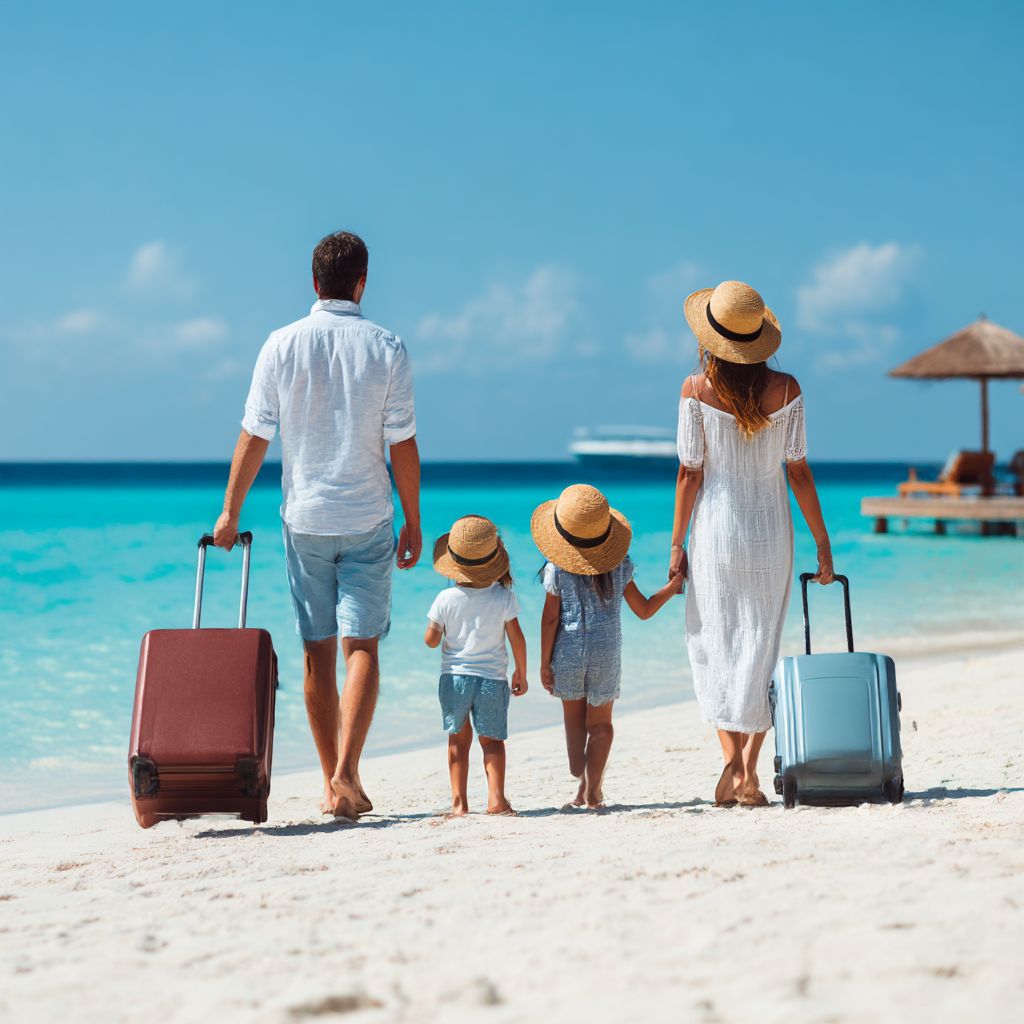 Family walking on beach with luggage
