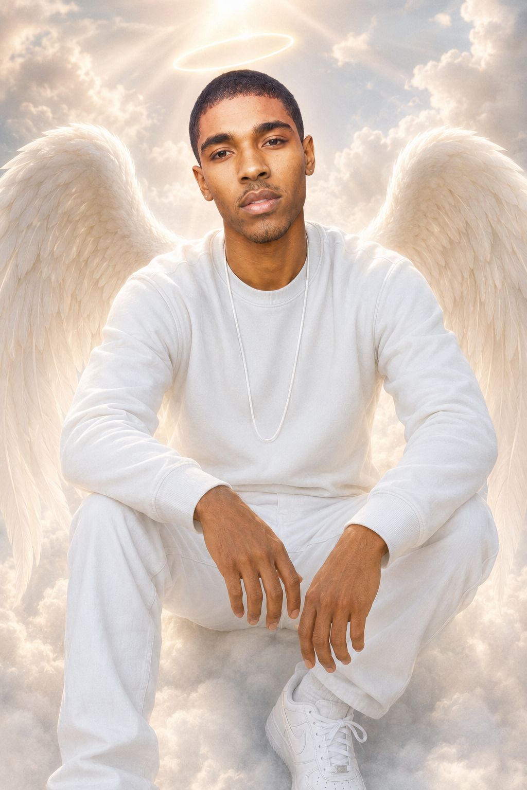 Javon sitting on clouds with white angel wings and a halo, wearing all white — a peaceful heavenly tribute
