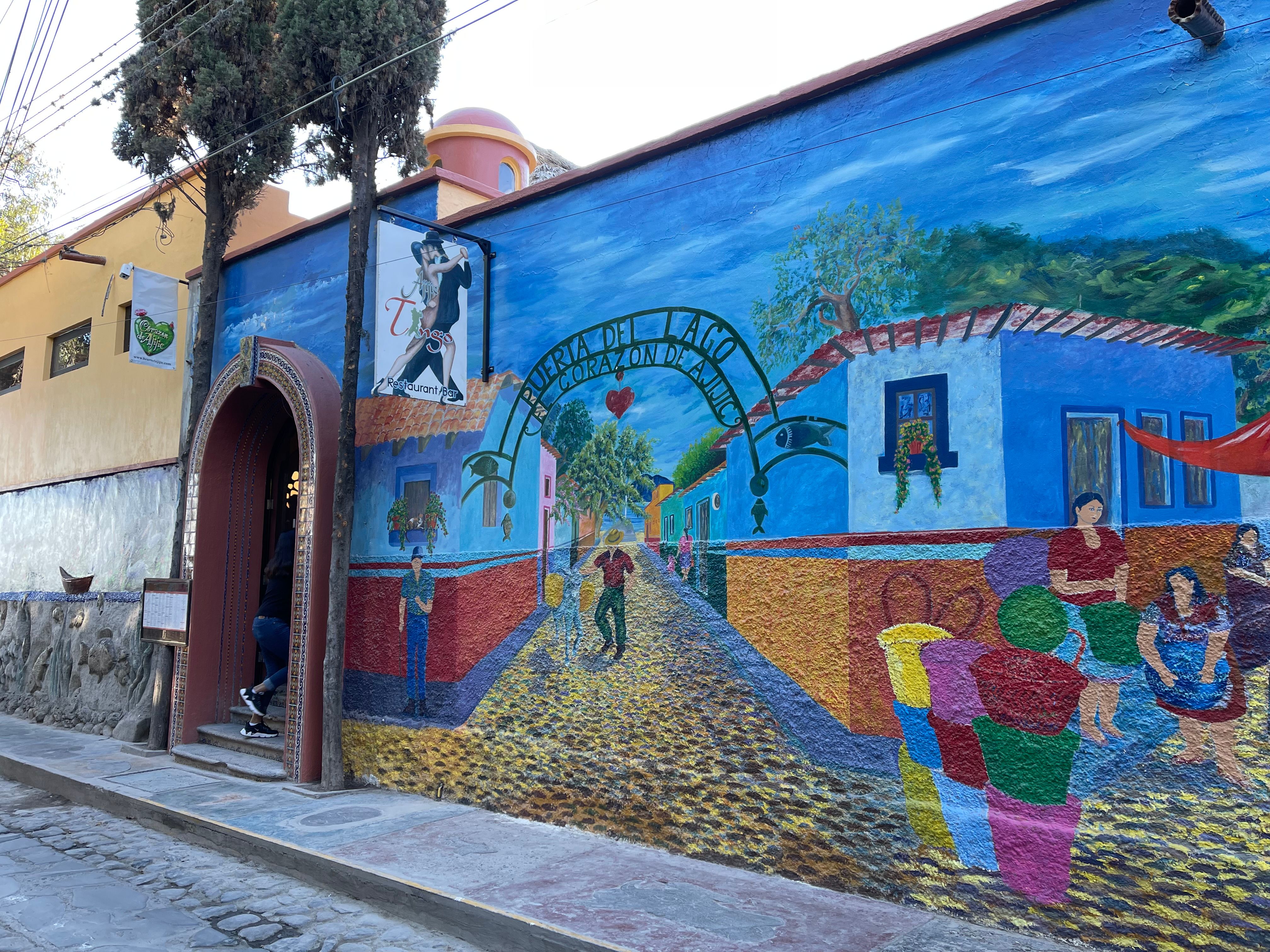 Colorful street scene in Ajijic, Mexico with tango mural