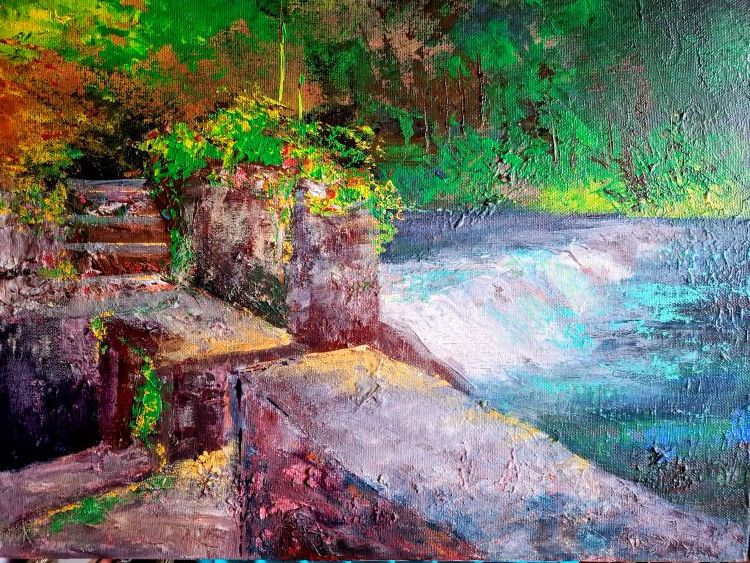 Abercraf Weir — watercolour painting by Julia Harris