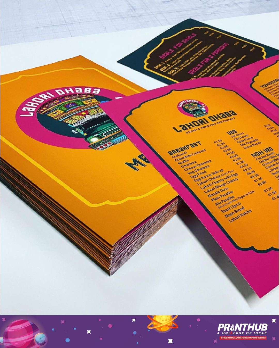Colorful restaurant menus printed by Printhub Malta
