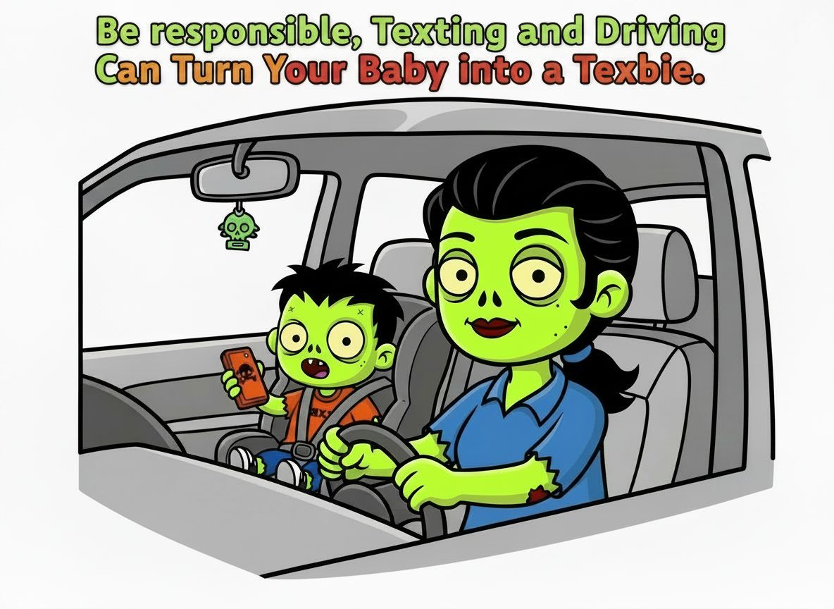 Be responsible — texting and driving can turn your baby into a Texbie