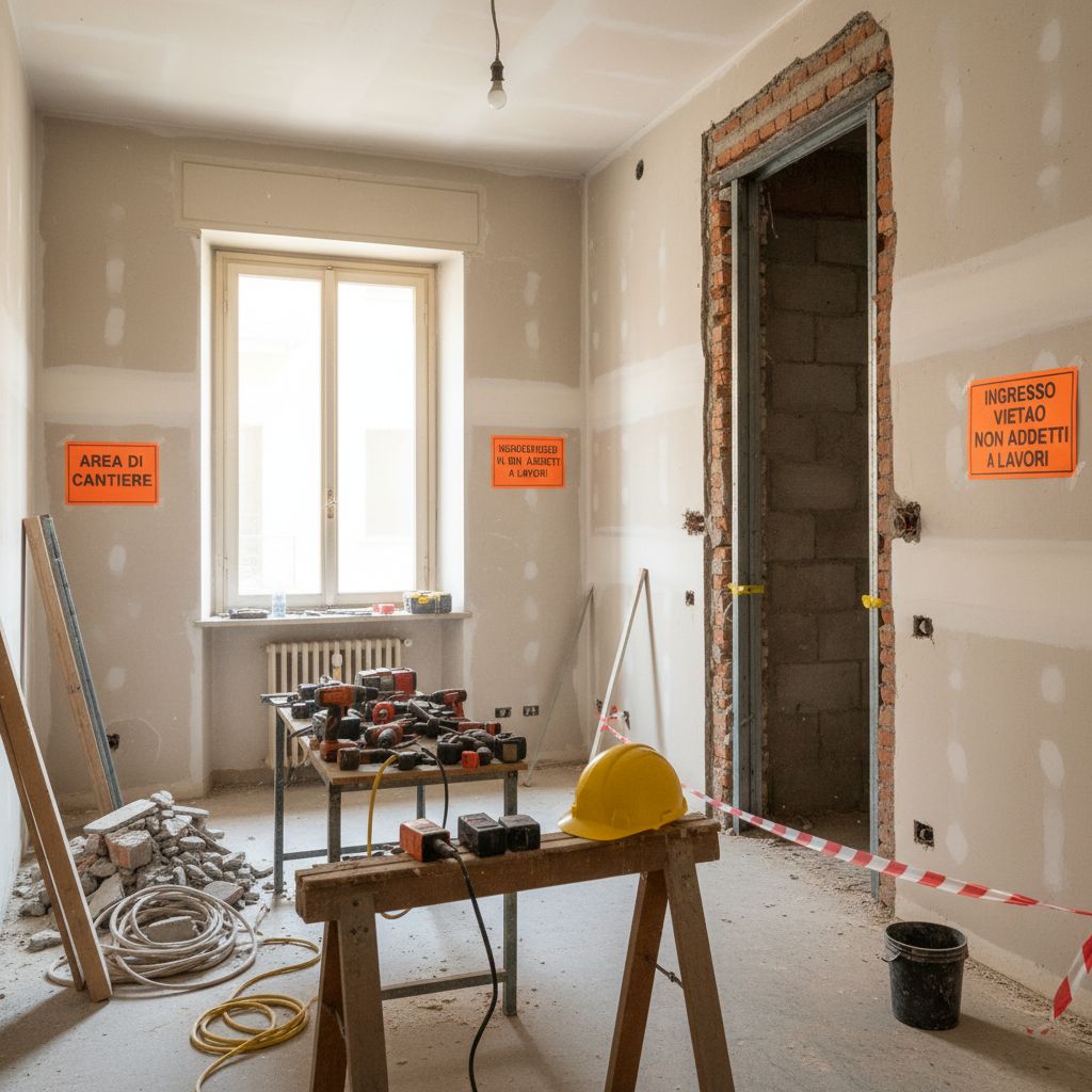 Interno appartamento in ristrutturazione a Bologna con pratica CILA – cantiere con cartelli di sicurezza e attrezzi