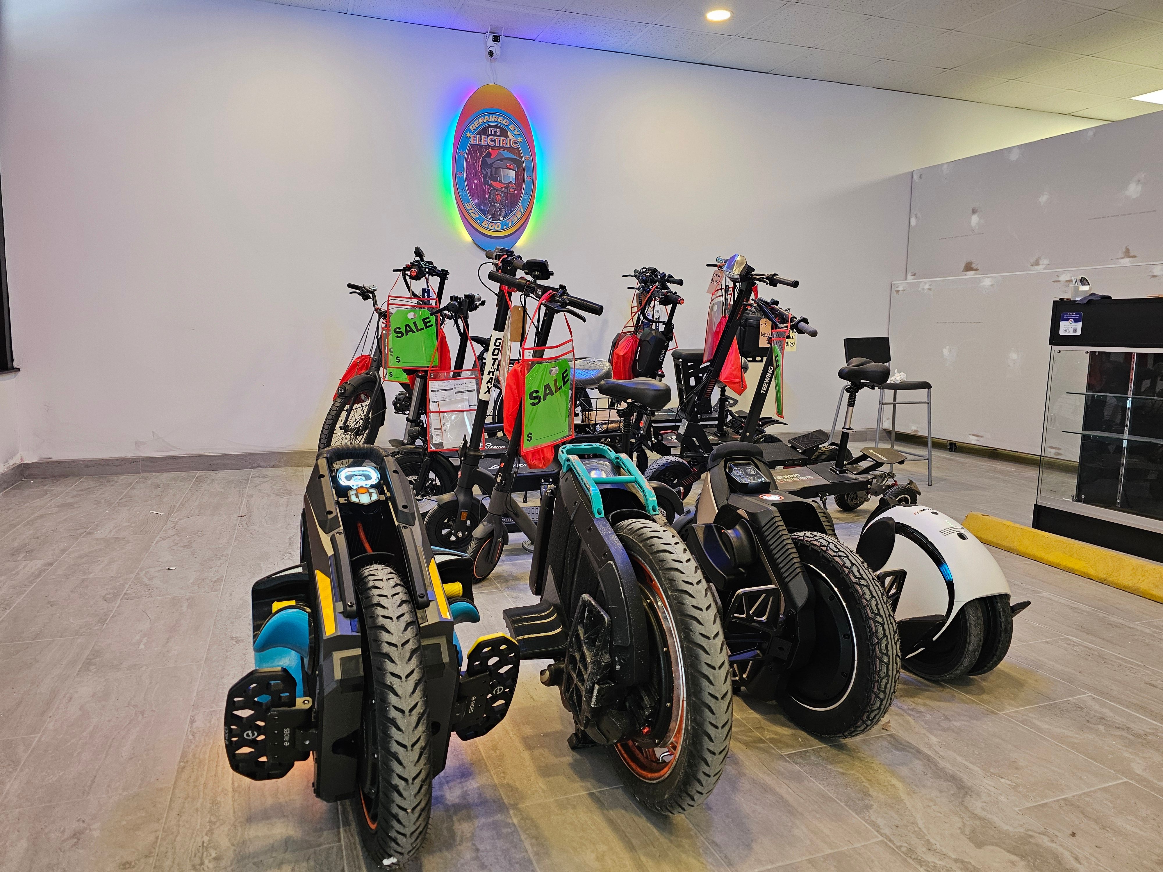 Electric scooters and unicycles at It's Electric Chicago