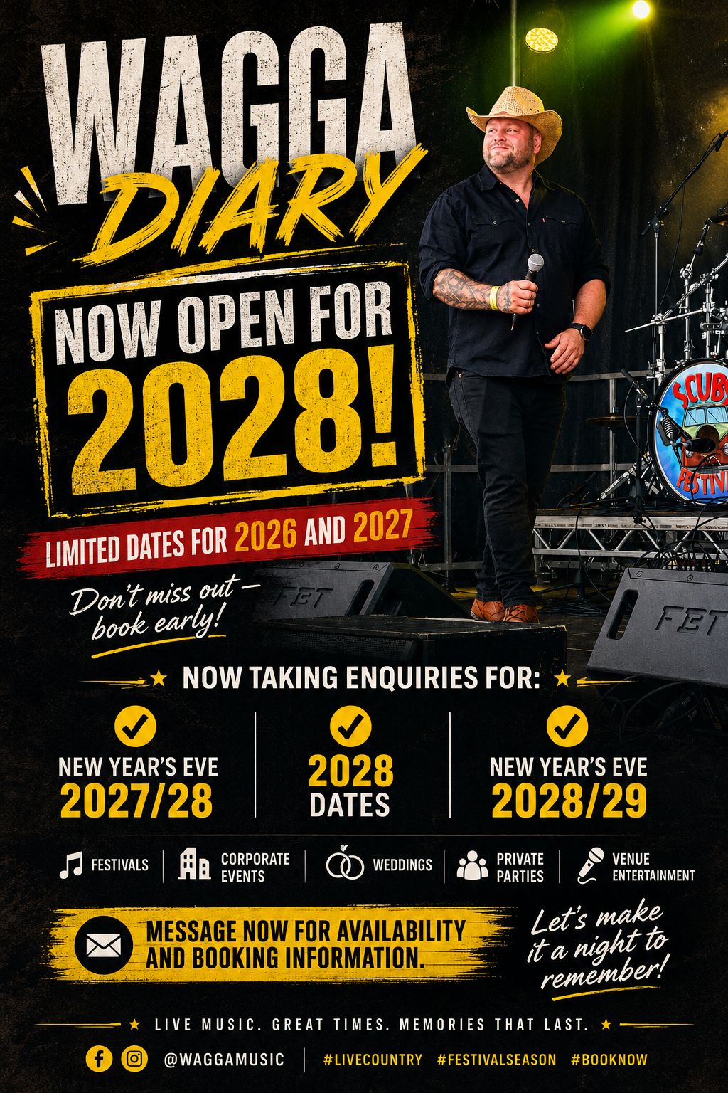 WAGGA Diary 2028 Booking Campaign featuring Scubs Festival stage